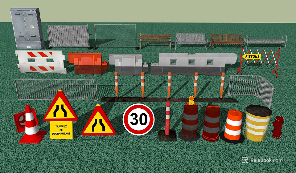 Road Infrastructure Elements Including Traffic Cones Speed Limit Signs And Barriers 3d model 