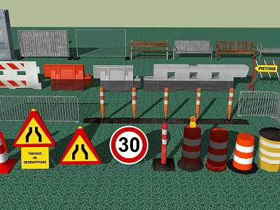 Road Infrastructure Elements Including Traffic Cones Speed Limit Signs And Barriers 3d model