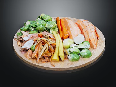 Fresh Assorted Vegetables on Wooden Board Including Brussels Sprouts Carrots and Sweet Potatoes 3d model