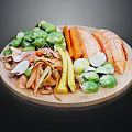 Fresh Assorted Vegetables on Wooden Board Including Brussels Sprouts Carrots and Sweet Potatoes