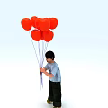 Little Boy Holding Bunch of Red Balloons in White Background
