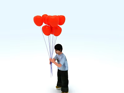 Little Boy Holding Bunch of Red Balloons in White Background 3d model