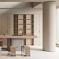 Modern Tea Room Interior With Long Table Hanging Light Wooden Bookshelf And Decorative Ornaments