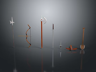 Ancient Traditional Weapons Collection Featuring Spear Bow Sword Axe and Various Historical Tools 3d model