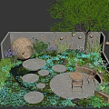 Tranquil Garden Landscape with Circular Stone Paths Purple Flowers Large Tree and Wooden Seating