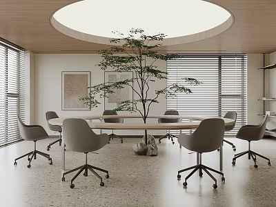 Modern Conference Room With Round Ceiling Light Long Table Gray Office Chairs And Green Plant 3d model