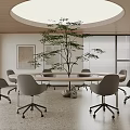 Modern Conference Room With Round Ceiling Light Long Table Gray Office Chairs And Green Plant