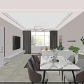 Modern Living And Dining Room Interior With Marble Table Chairs TV Wall And Plants