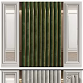 Gray Vertical Striped Curtains With White Decorative Wall Frames In Modern Interior Design 3d model