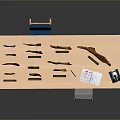 Fossil Specimens Displayed With Microscope Notebook And Chair On Table