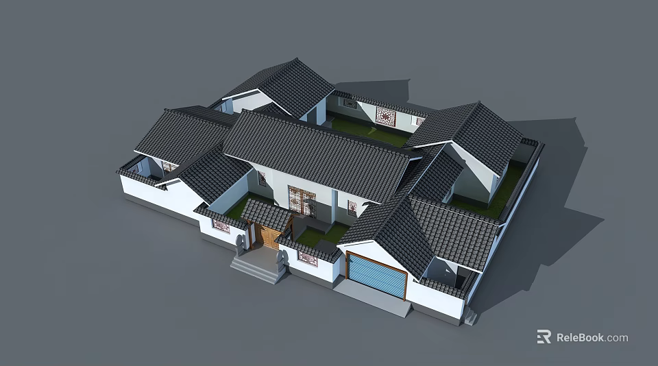 Traditional Chinese Ancient Architecture with Multiple Sloped Black Tile Roofs White Walls and Courtyard Design 3d model 