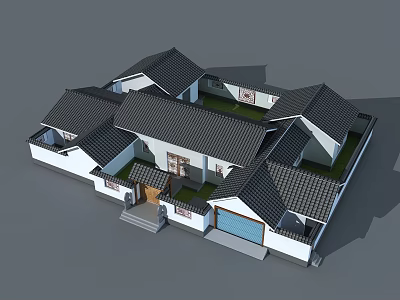 Traditional Chinese Ancient Architecture with Multiple Sloped Black Tile Roofs White Walls and Courtyard Design 3d model