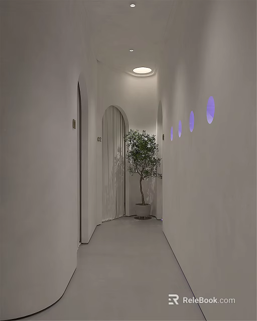 Bright Elevator Hallway With White Walls Arched Doors Circular Windows And Potted Tree 3d model