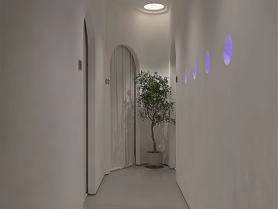 Bright Elevator Hallway With White Walls Arched Doors Circular Windows And Potted Tree 3d model