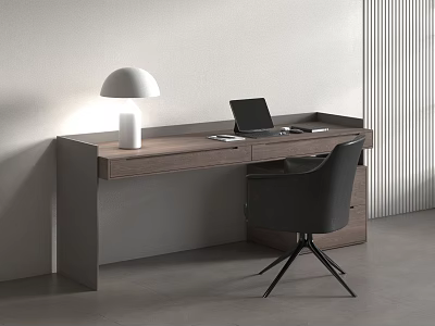 Modern Minimalist Wooden Desk With White Lamp Laptop And Dark Chair 3d model