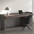 Modern Minimalist Wooden Desk With White Lamp Laptop And Dark Chair