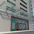 Modern Commercial Building Glass Awning With Transparent Panels And Metal Supports
