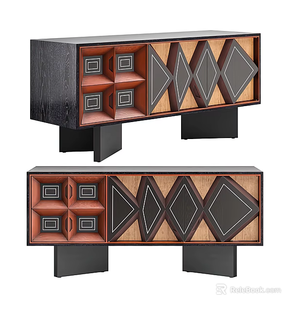 Modern Decorative Cabinet With Geometric Diamond Patterns And Wooden Panel Details 3d model 