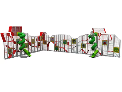 Colorful Kids Playground Equipment With Green Slides Red Structures Netted Sections And Climbing Elements 3d model