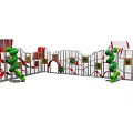 Colorful Kids Playground Equipment With Green Slides Red Structures Netted Sections And Climbing Elements