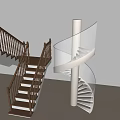 Modern Spiral Staircase With White Column Glass Railing And Wooden Stairs Interior