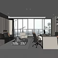 Modern Office Interior Design With Large Windows City View Sofa Coffee Table And Bookshelves