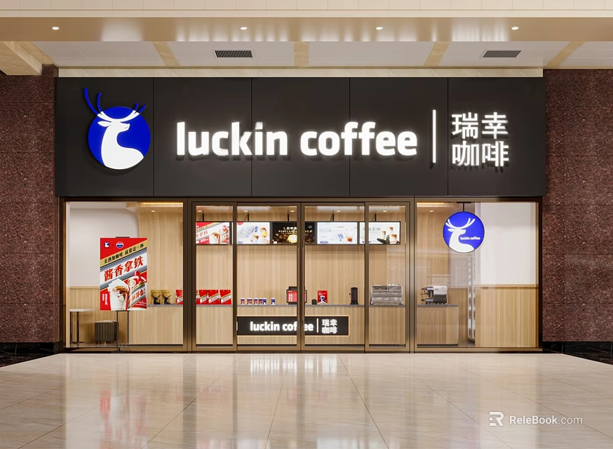 Luckin Coffee Storefront Design With Black Background Blue Deer Logo And Glass Windows 3d model 