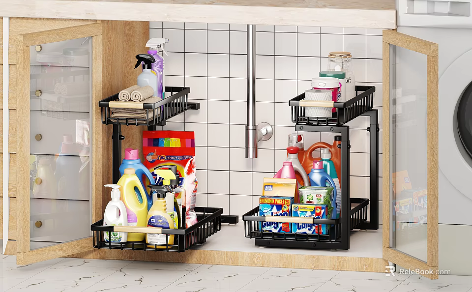 Black Multi Tiered Storage Racks In Kitchen Cabinet For Organizing Cleaning Supplies 3d model 