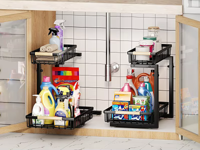 Black Multi Tiered Storage Racks In Kitchen Cabinet For Organizing Cleaning Supplies 3d model