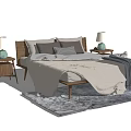 Modern Double Bed Interior With Wooden Headboard Cozy Bedding Gray Throw And Nightstands