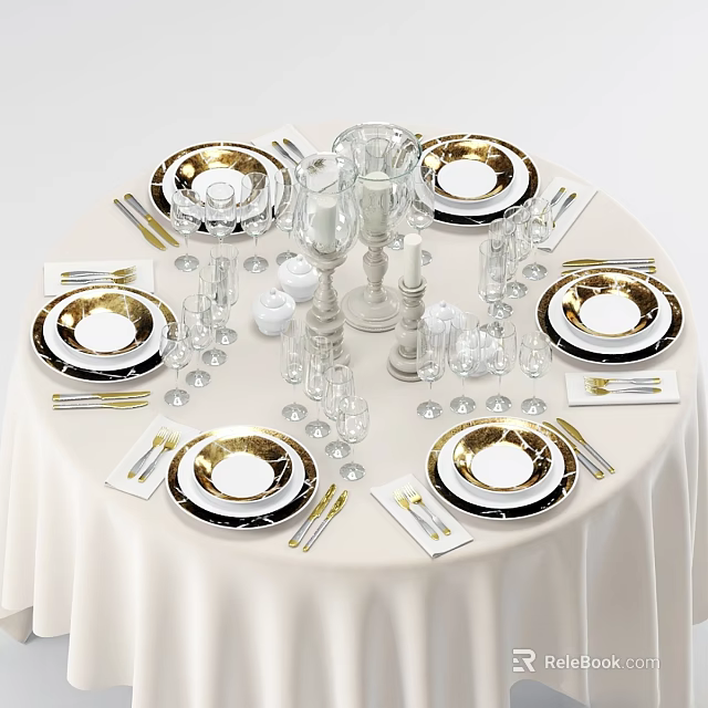 Commercial Catering Equipment Elegant Round Table Setting With Gold Rim Plates Glassware And Cutlery 3d model 