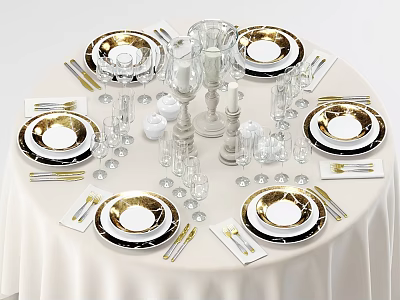 Commercial Catering Equipment Elegant Round Table Setting With Gold Rim Plates Glassware And Cutlery 3d model