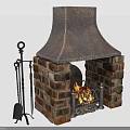 Brick Fireplace With Copper Hammered Chimney Hood Burning Fire And Fireplace Tools Set