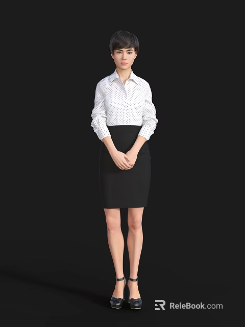 A Woman Standing In Black Background With Polka Dot White Shirt And Black Skirt 3d model 