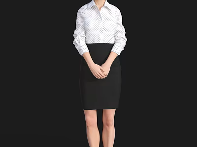A Woman Standing In Black Background With Polka Dot White Shirt And Black Skirt 3d model