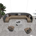 Modern Curved Sofa And Coffee Table Set With Cushions Round Marble Top Green Plant Armchairs