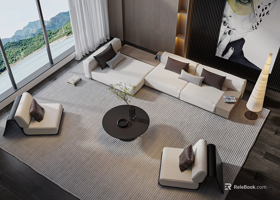 Modern Living Room With L Shaped White Sofa Black Round Coffee Table And Accent Chairs 3d model 
