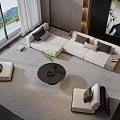 Modern Living Room With L Shaped White Sofa Black Round Coffee Table And Accent Chairs