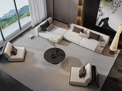 Modern Living Room With L Shaped White Sofa Black Round Coffee Table And Accent Chairs 3d model