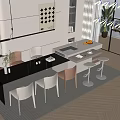 Modern Dining Table Set With White Chairs And Black Marble Top In Open Kitchen 3d model