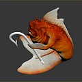 Red Aquatic Fish with Orange Fins Spikes and Big Eyes in 3D Style Rendering