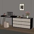 Modern Dressing Table With Dark White Drawers Laptop Cosmetics Flowers Stool And Wall Artwork