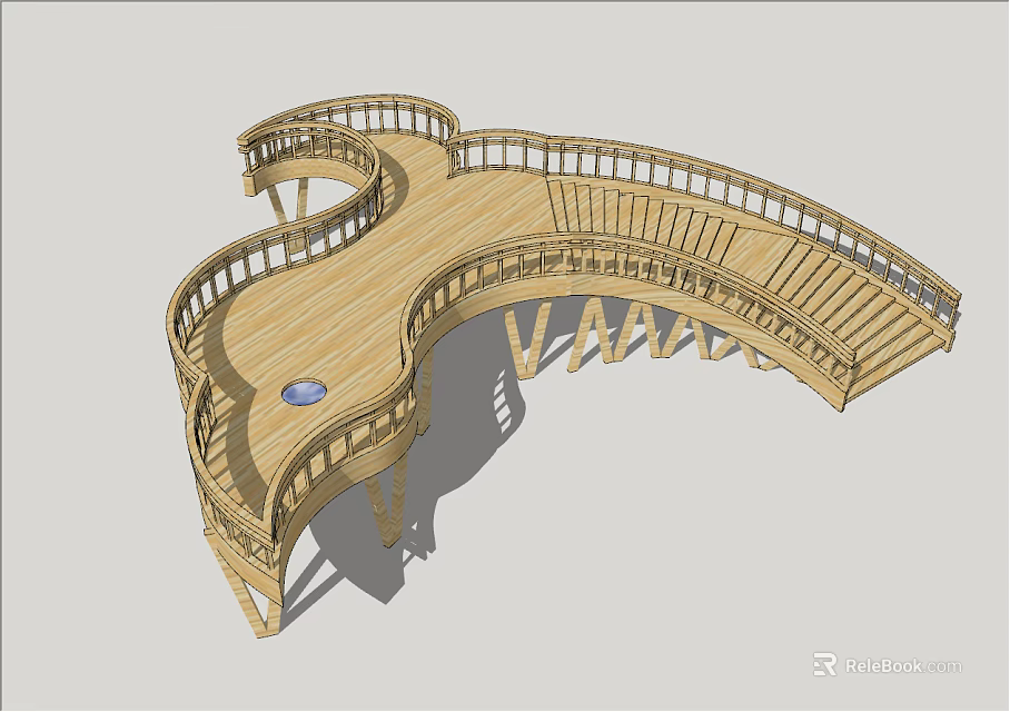 Wooden Curved Roadside Boardwalk Structure With Railings And Observation Platform Design 3d model 