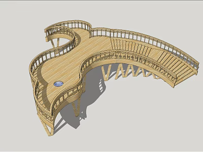 Wooden Curved Roadside Boardwalk Structure With Railings And Observation Platform Design 3d model