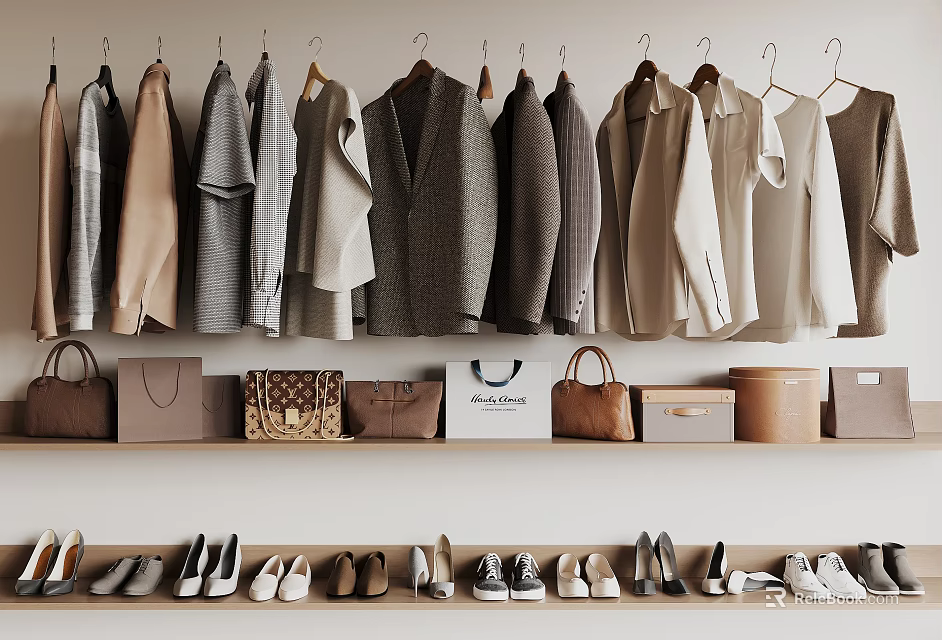 Stylish Clothes Hanging On Hangers With Bags And Shoes On Shelves 3d model 