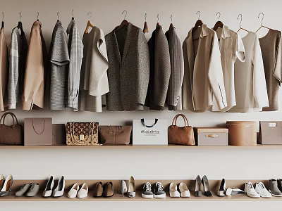 Stylish Clothes Hanging On Hangers With Bags And Shoes On Shelves 3d model