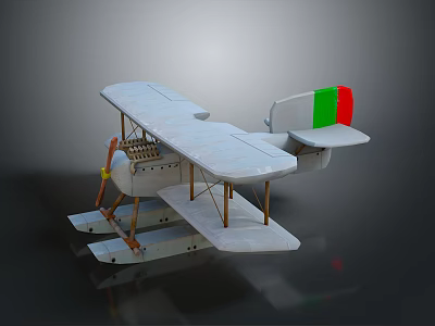 Vintage White Biplane Model With Red Green Tail And Wooden Frame 3d model