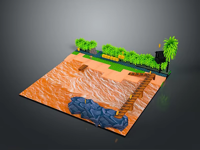 Tropical Scenery with Orange Ground Blue Water Wooden Bridge Green Plants and Palm Trees 3d model