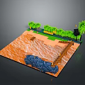 Tropical Scenery with Orange Ground Blue Water Wooden Bridge Green Plants and Palm Trees