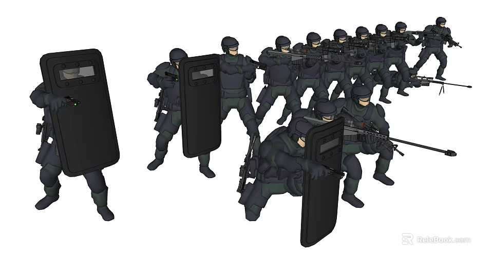 Men In Black Uniforms With Helmets Shields And Rifles In Tactical Formation 3d model 